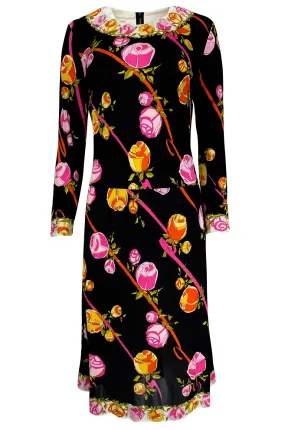 1960s Emilio Pucci Prettiest Pink Floral Print & Black Silk Jersey Dress