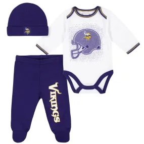 3-Piece Baby Boys Minnesota Vikings Bodysuit, Footed Pant, and Cap Set