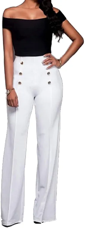 A ADILACA Women's Casual Work Office Basic Pants, Front 6-Button Sailor Trousers, High Waist Straight-Leg Long Pants