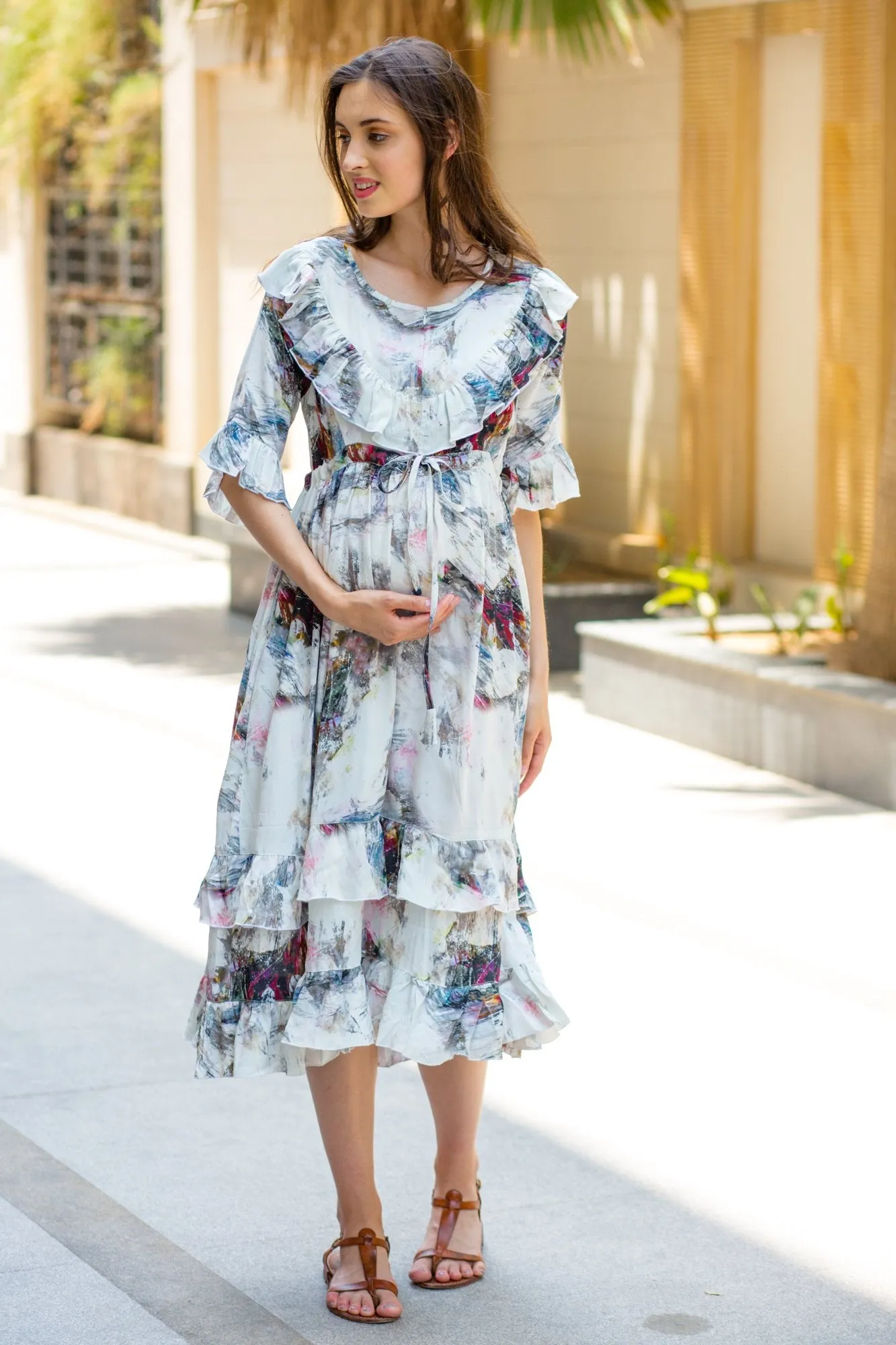 Abstract Front Frill Maternity & Nursing Midi Dress