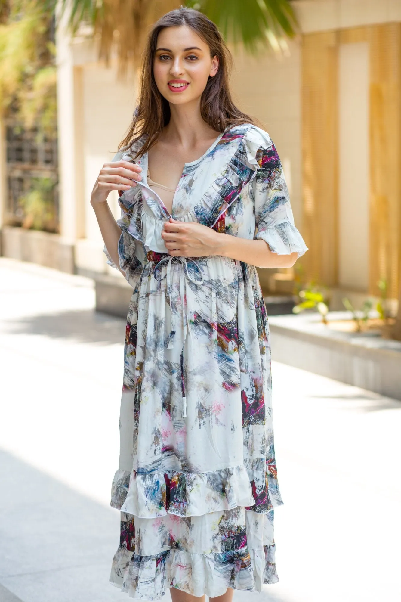 Abstract Front Frill Maternity & Nursing Midi Dress