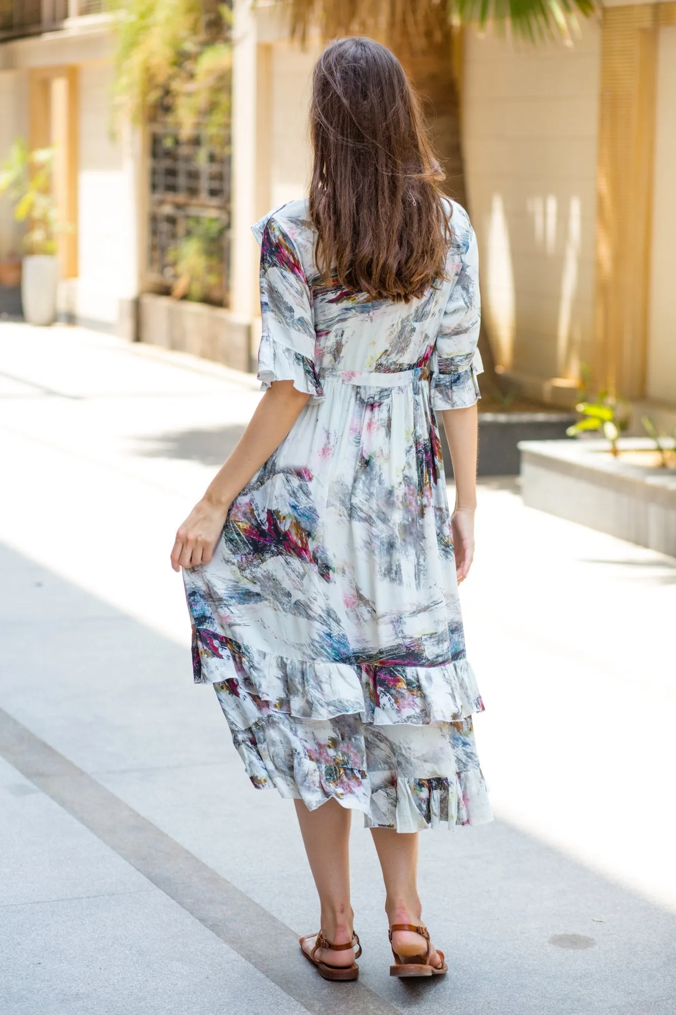 Abstract Front Frill Maternity & Nursing Midi Dress