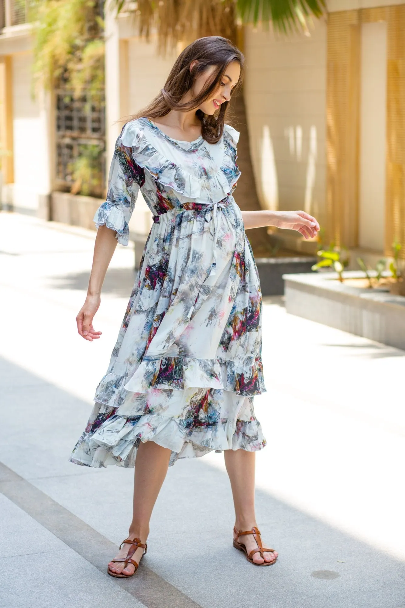 Abstract Front Frill Maternity & Nursing Midi Dress