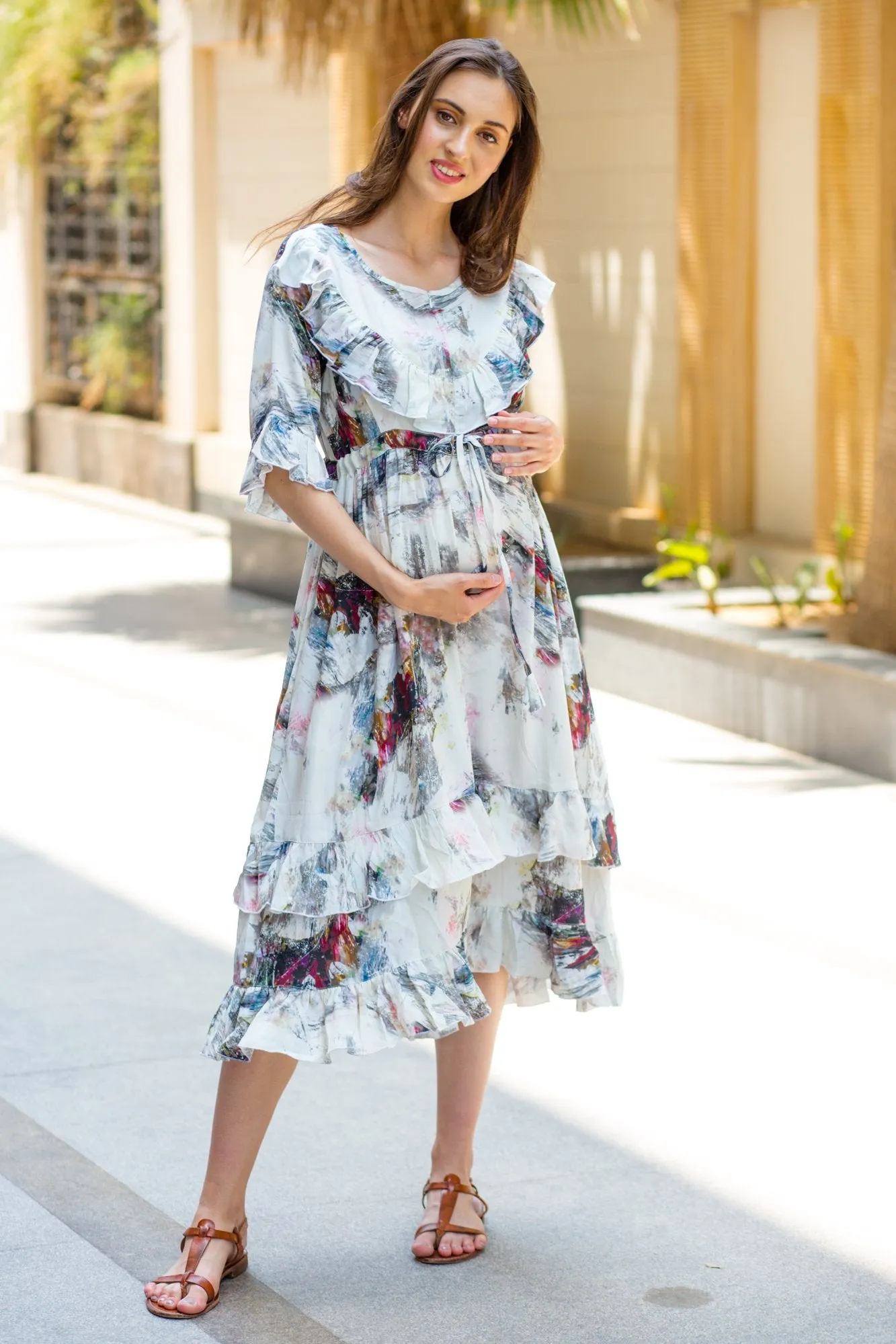 Abstract Front Frill Maternity & Nursing Midi Dress