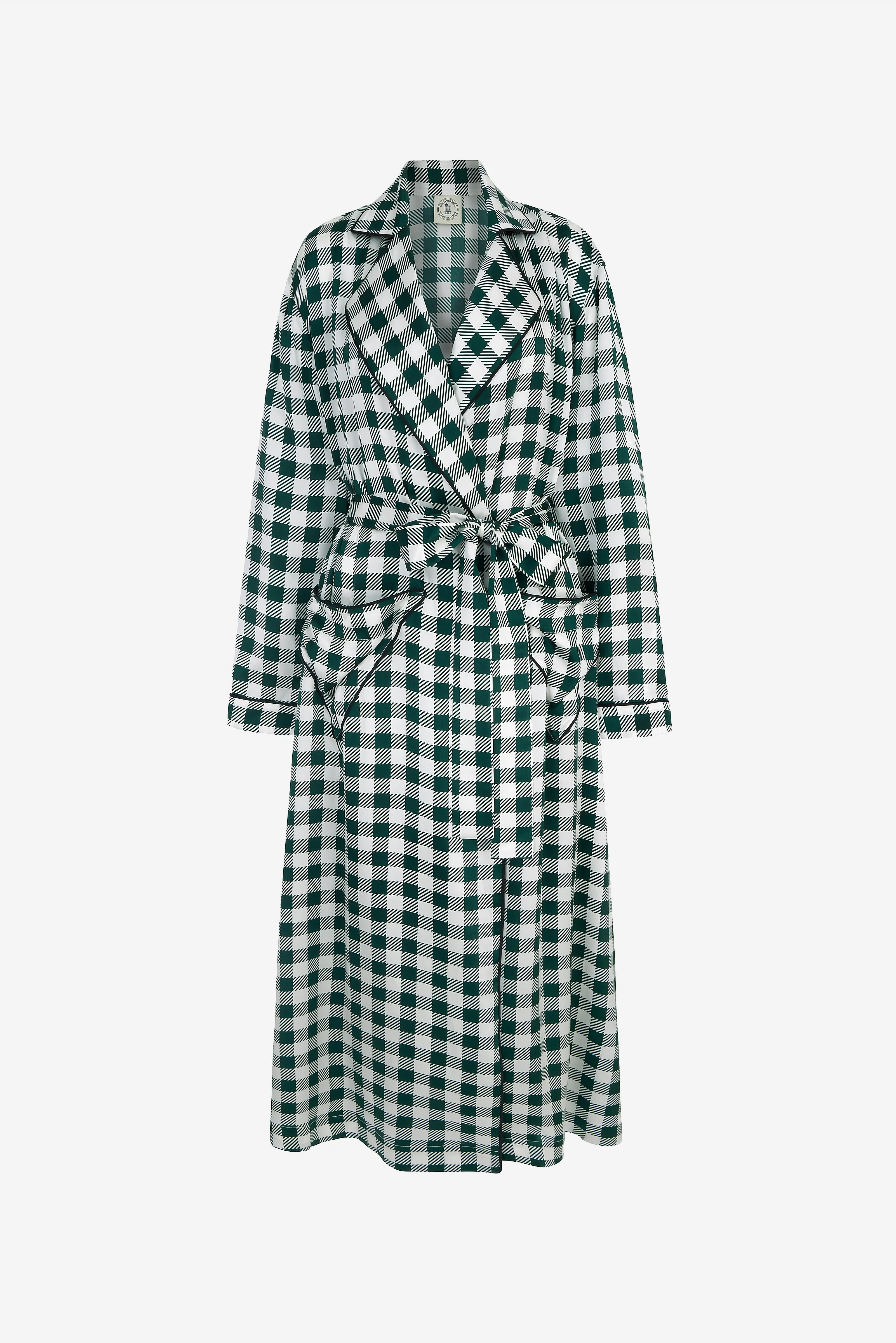 Amana Dressing Gown in Green Gingham Silk Satin