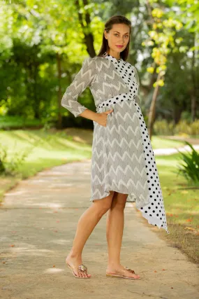 Asymmetrical Zig-Zag High Neck Maternity & Nursing Dress