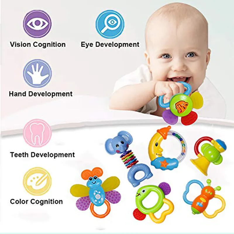 Baby Rattle Sets Teether Rattles Toys, 8pcs Babies Grab Shaker and Spin Rattle Toy Early Educational Toys with Owl Bottle Gifts Set for 0, 3, 6, 9, 12 Month Newborn Infant Baby, Boy, Girl