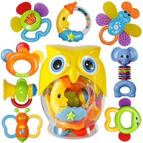 Baby Rattle Sets Teether Rattles Toys, 8pcs Babies Grab Shaker and Spin Rattle Toy Early Educational Toys with Owl Bottle Gifts Set for 0, 3, 6, 9, 12 Month Newborn Infant Baby, Boy, Girl