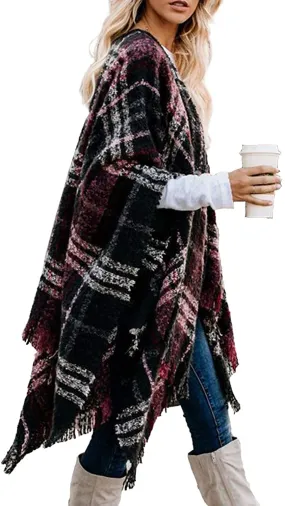 Bestshe Women's Stylish Open Front Poncho Cape Clock Block Oversize Knitted Shawl Wrap