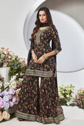 Black Sequins, Beads and Zari work with Floral Print Sharara Salwar Suit