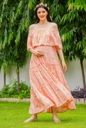 Dreamy Peach Off-Shoulder Maternity Maxi Dress