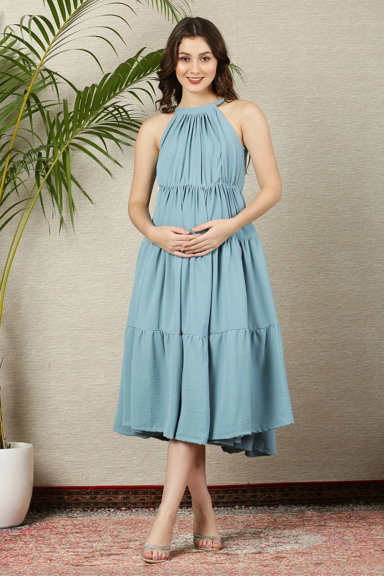 Easy Breezy Ice Blue Layered Maternity & Nursing Flow Dress