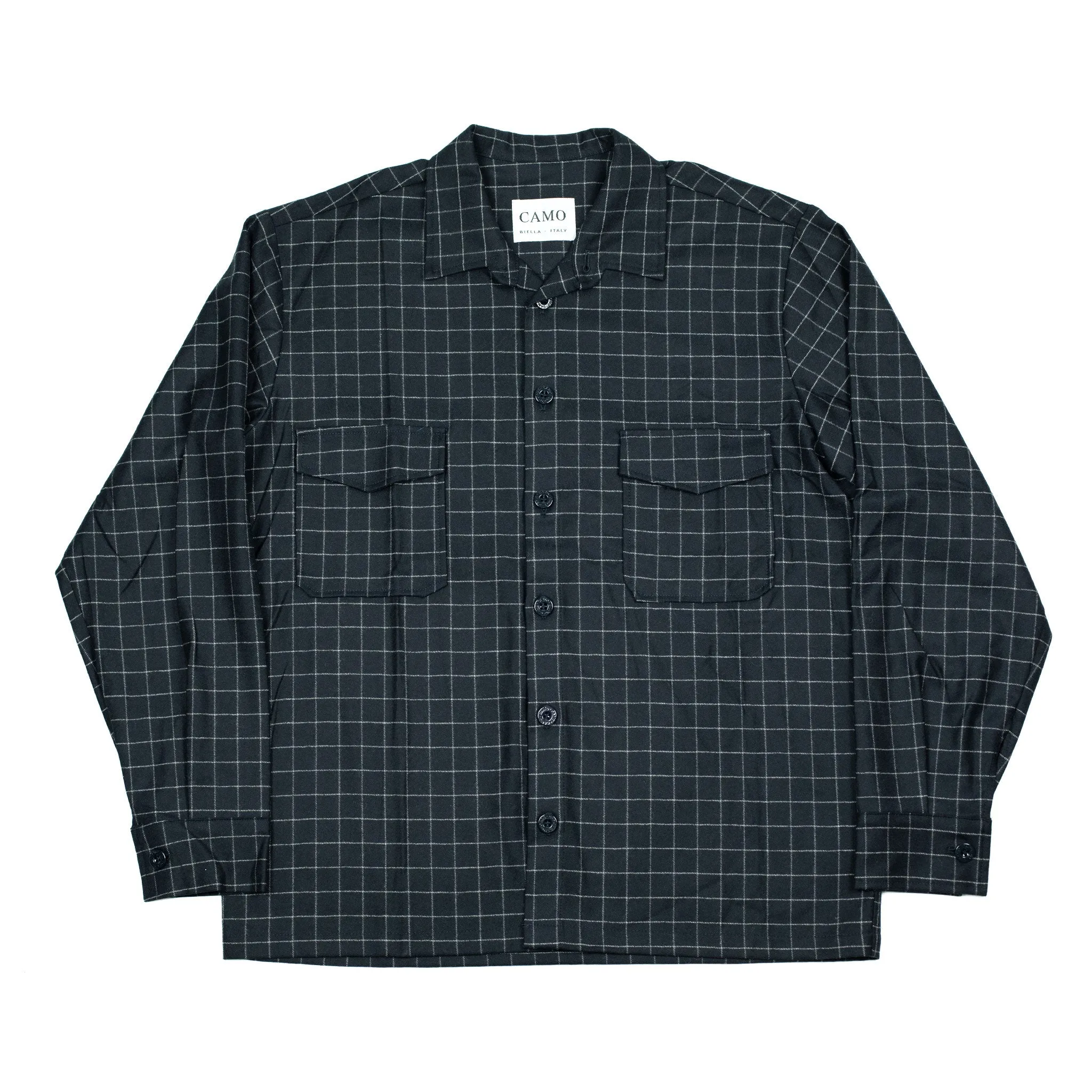 Exclusive Meydan relaxed overshirt in deadstock deep navy wool and cotton windowpane