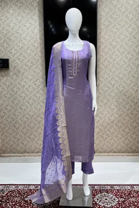 Lavender Zardozi, Beads, Stone and Sequins work Straight Cut Salwar Suit