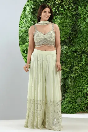 Lemon Yellow Beads, Zardozi, Stone, Pearl and Sequins work Crop Top with Palazzo Pant