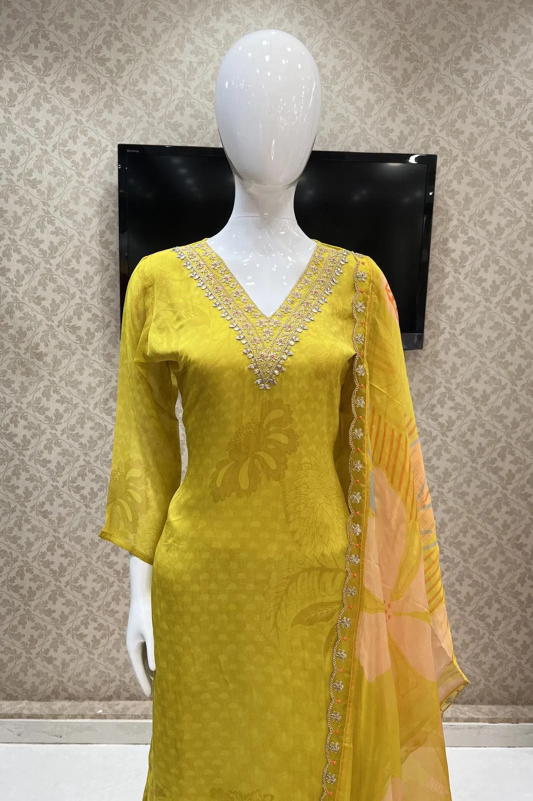 Lemon Yellow Printed, Zari, Sequins and Mirror work Straight Cut Salwar Suit