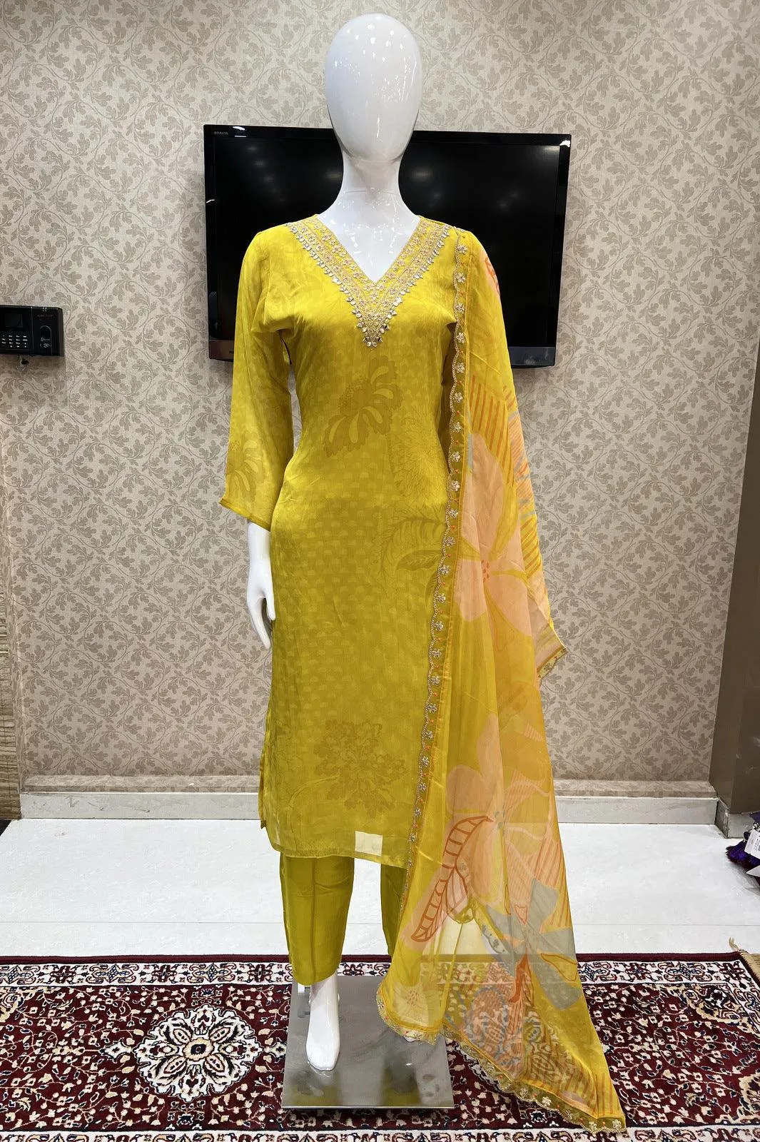 Lemon Yellow Printed, Zari, Sequins and Mirror work Straight Cut Salwar Suit