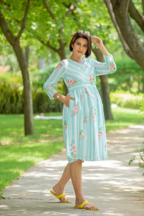 Mint Floral Striped Maternity & Nursing Dress