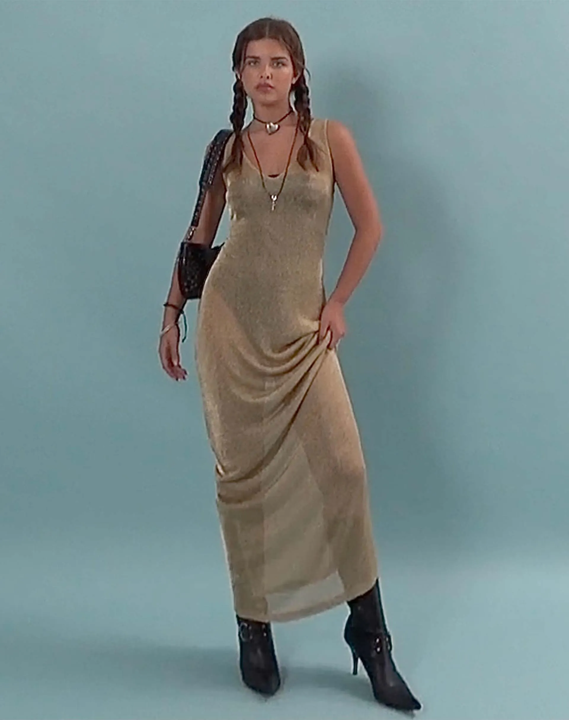 Morticia Maxi Dress in Chain Knit Gold