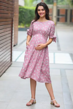 Pastel Pink Floral Ties Maternity & Nursing Dress