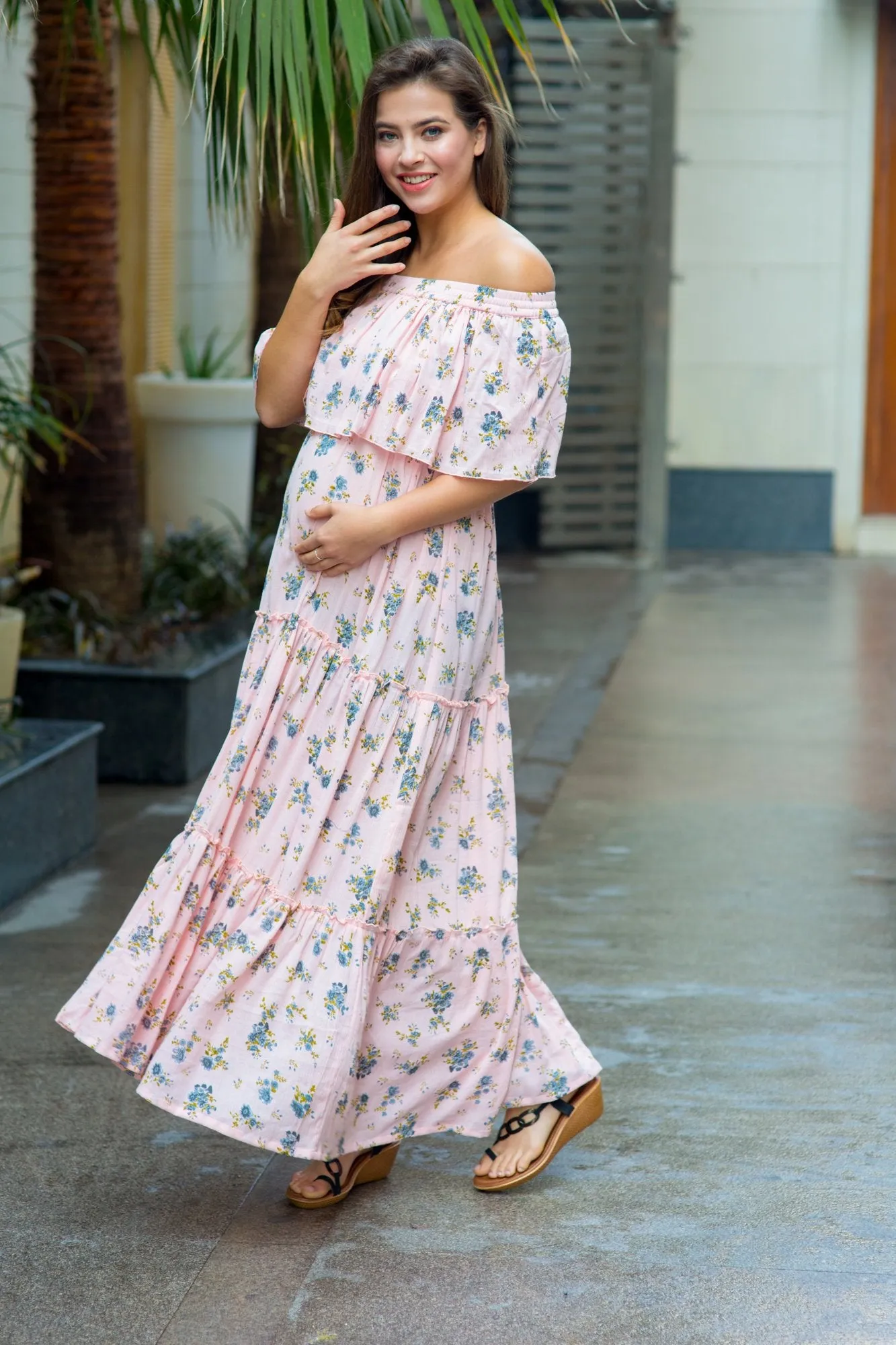 Pastel Rose Peach Off-Shoulder Maternity Maxi