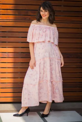 Peach Floral Off-Shoulder Maternity Maxi Dress