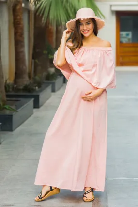 Peachy Pink Off-Shoulder Maternity Maxi Dress