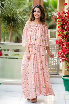 Pink Floral Off-Shoulder Maternity Maxi Dress