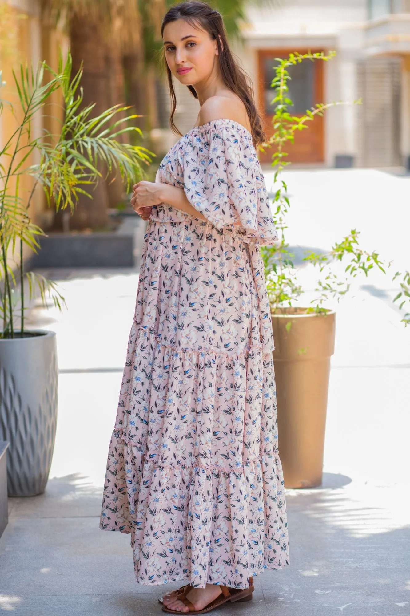 Pristine Pink Off-Shoulder Maternity Maxi