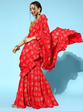 Red Draped Sharara Saree