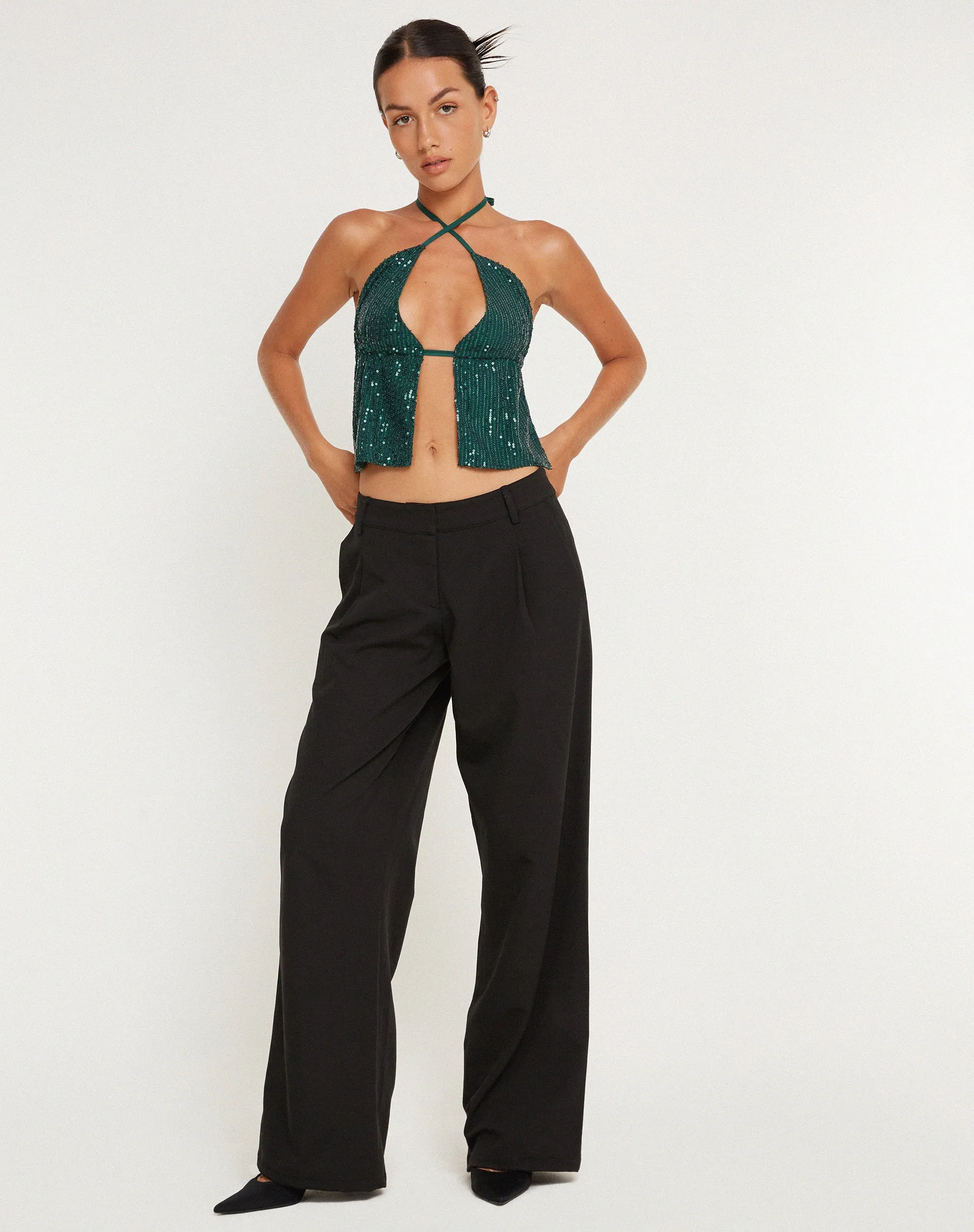 Runita Halter Top in Drape Sequin Forest Green