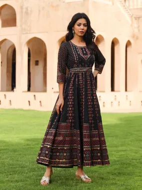 The Mahautsavam Black Ethnic Motif Printed Georgette Dress With Sequins & Beads